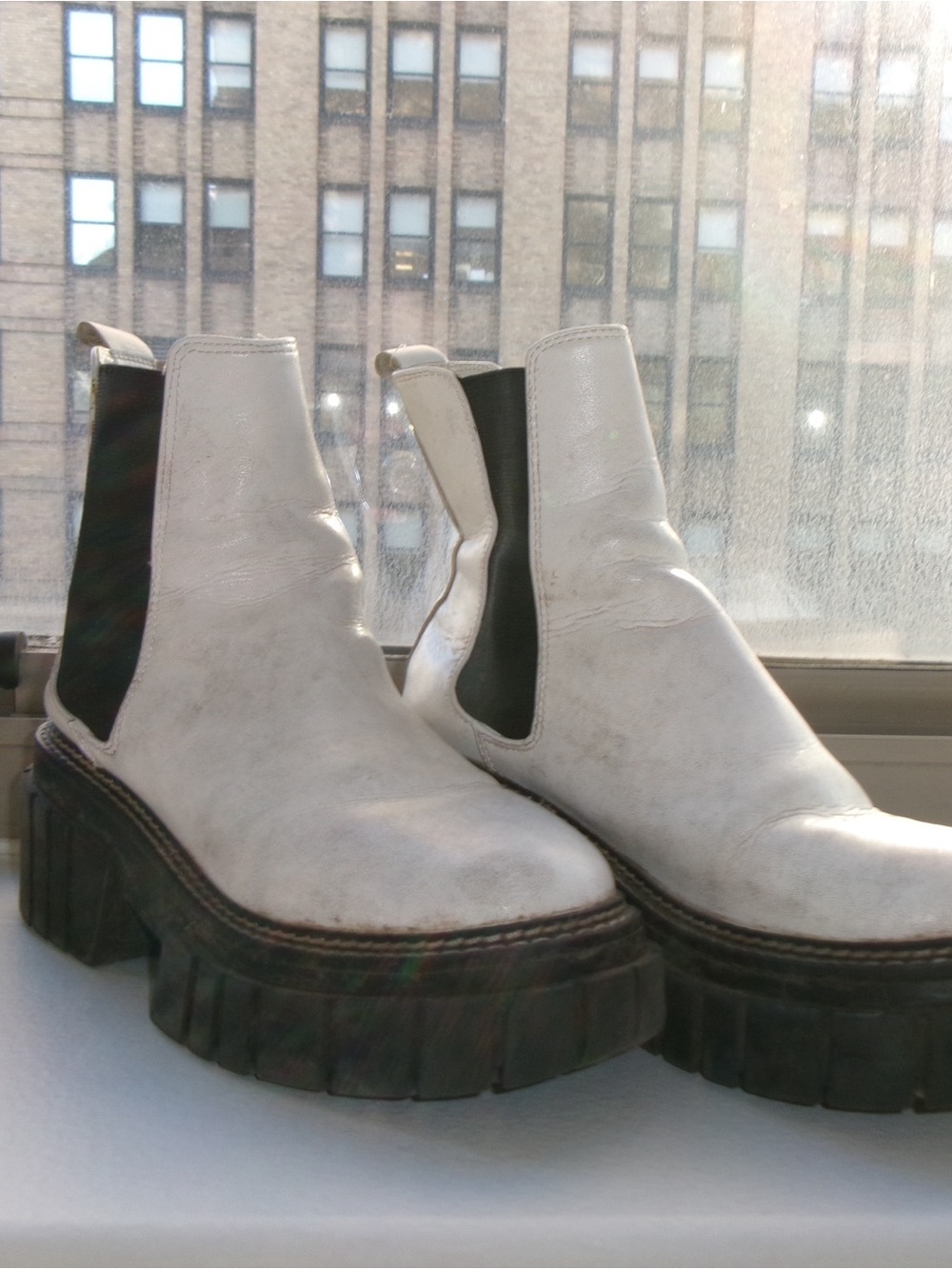 White Platform Chelsea Boots with Black Elastic Panels - Picture 2 of 6